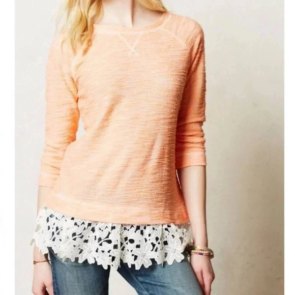 Anthropologie Sunday in Brooklyn lace hem sweater peach pull over top medium - Picture 1 of 11